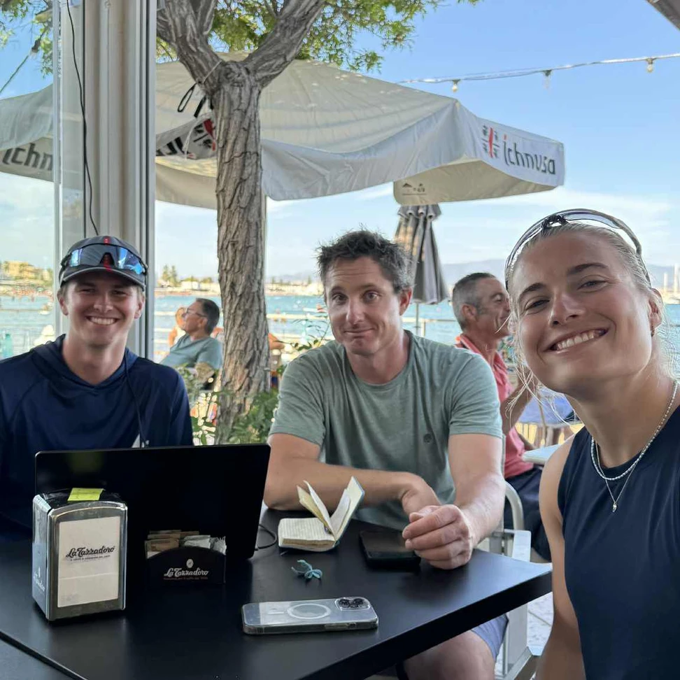 Nicolai with 49erFX sailors at a Cagliari cafe